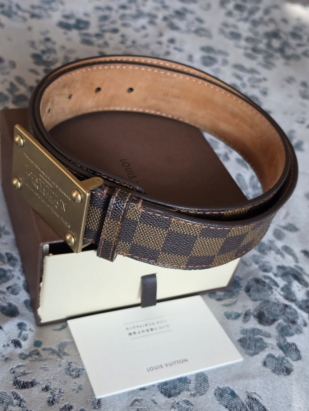 Authentic Louis Vuitton Damier Canvas Men’s Belt with Brass Plaque Buckle